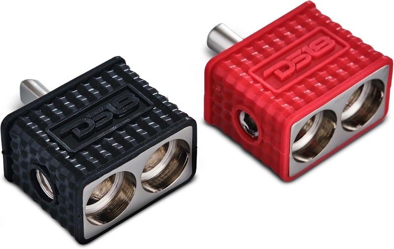 DS18 Amp Input Reducers with Offset Stub & Red/Black Silicone Cover, Marine Grade, Wire Reducer Power/Ground Input Reducer, Amplifier Wire Connector, Pair (Dual 1/0-GA to 1/4-GA) - Image 1